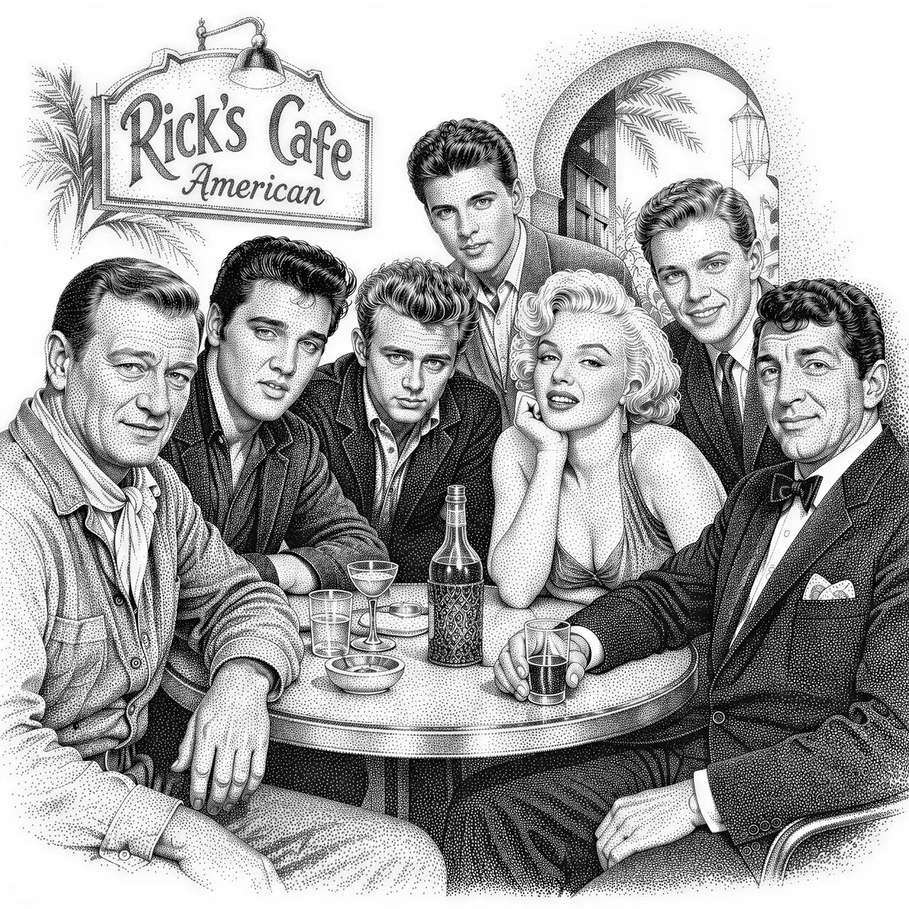 Zeichne mir ein Bild von Ricks Cafe American an der Teke Sitzen John Wayne, Elvis Presley, James Dean,Ricky Nelson,Marilyn Monroe,Peter Kraus, Dean Martin ( in Stippe) Schwarz Weis