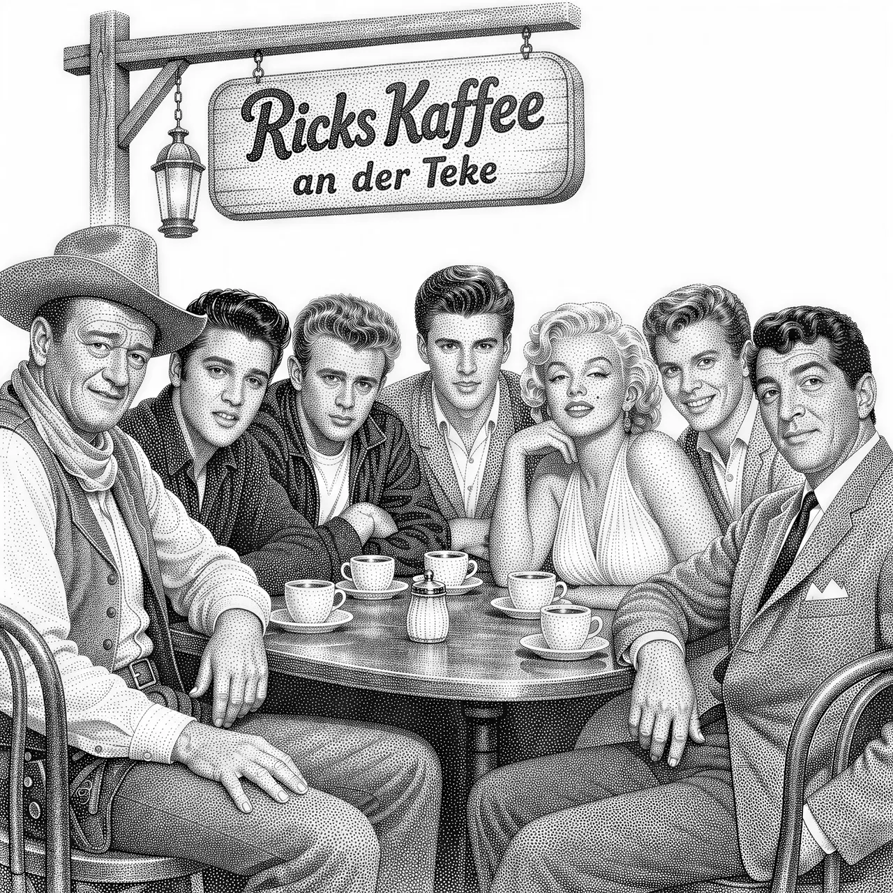 Zeichne mir ein Bild von Ricks Kaffee an der Teke sollen John Wayne, Elvis Presley, James Dean,Ricky Nelson,Marilyn Monroe,Peter Kraus, Dean Martin Sitzen ( in Stippe) Schwarz Weis