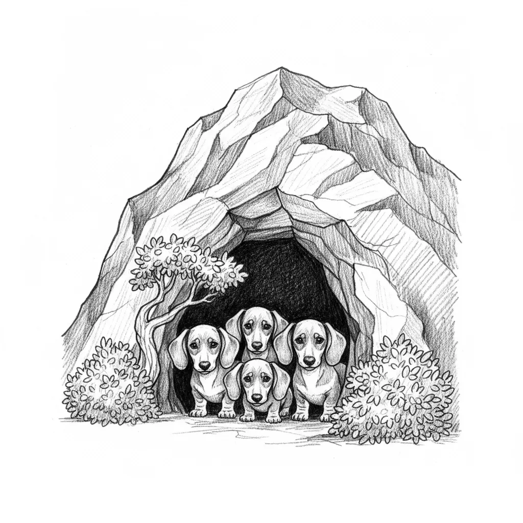 Mach mir ein Bild Mit Einem Berg mit Höhle rechts und Links Sträucher aus der Höhle schaute Drei Dackel Welpen !