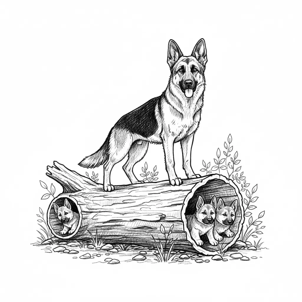 Nimm eine Dicken holen Baumstamm der im Wald Liegt oben drauf Steht ein Deutscher Schäferhund an den Enden schauen Welpen raus