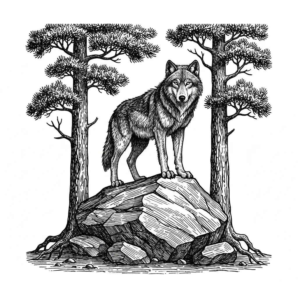 Wolf Standing on boulder between pine trees