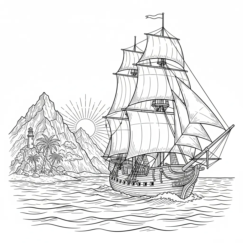 old schooner sailing by an island