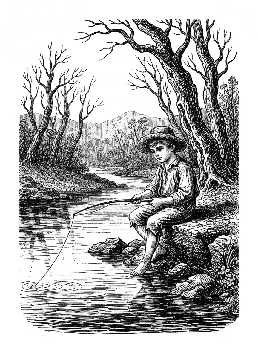 little boy on a bank fishing