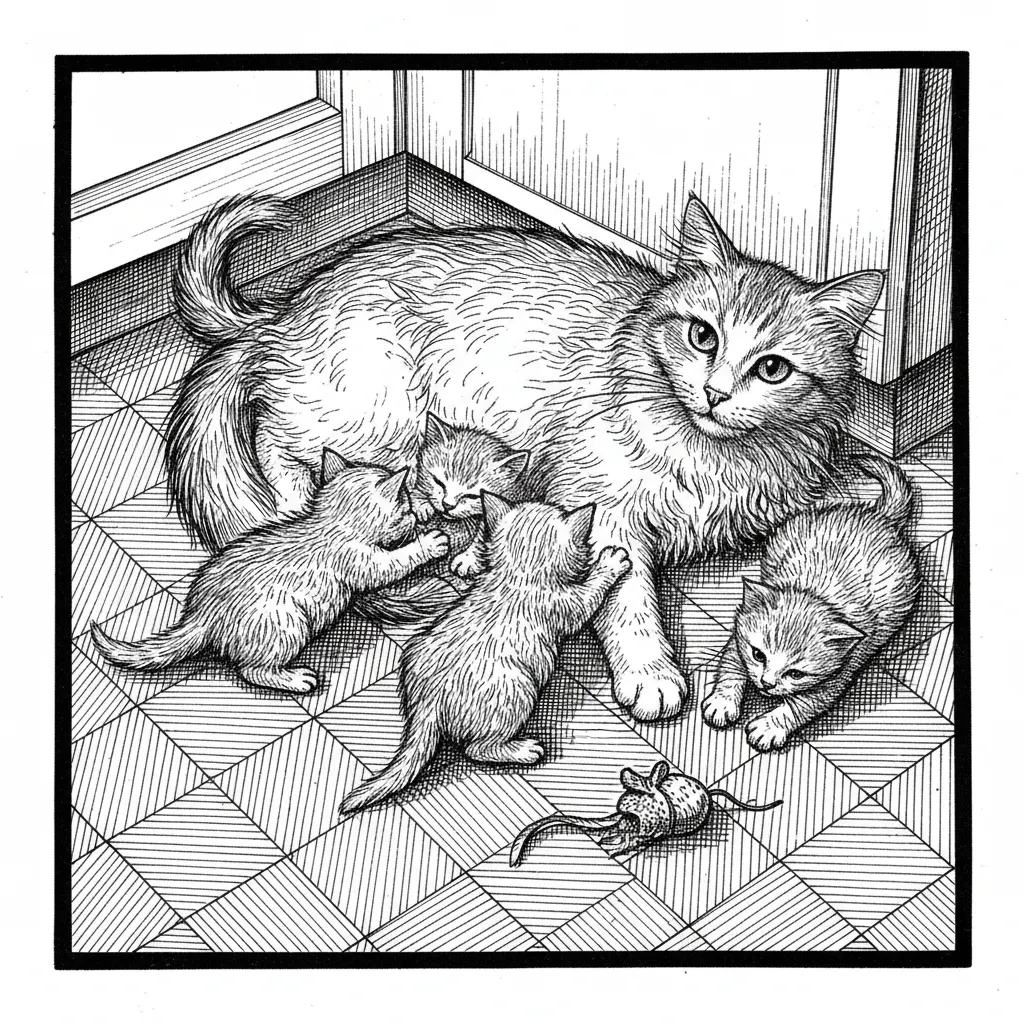 momma cat and kittens relaxing on the kitchen floor