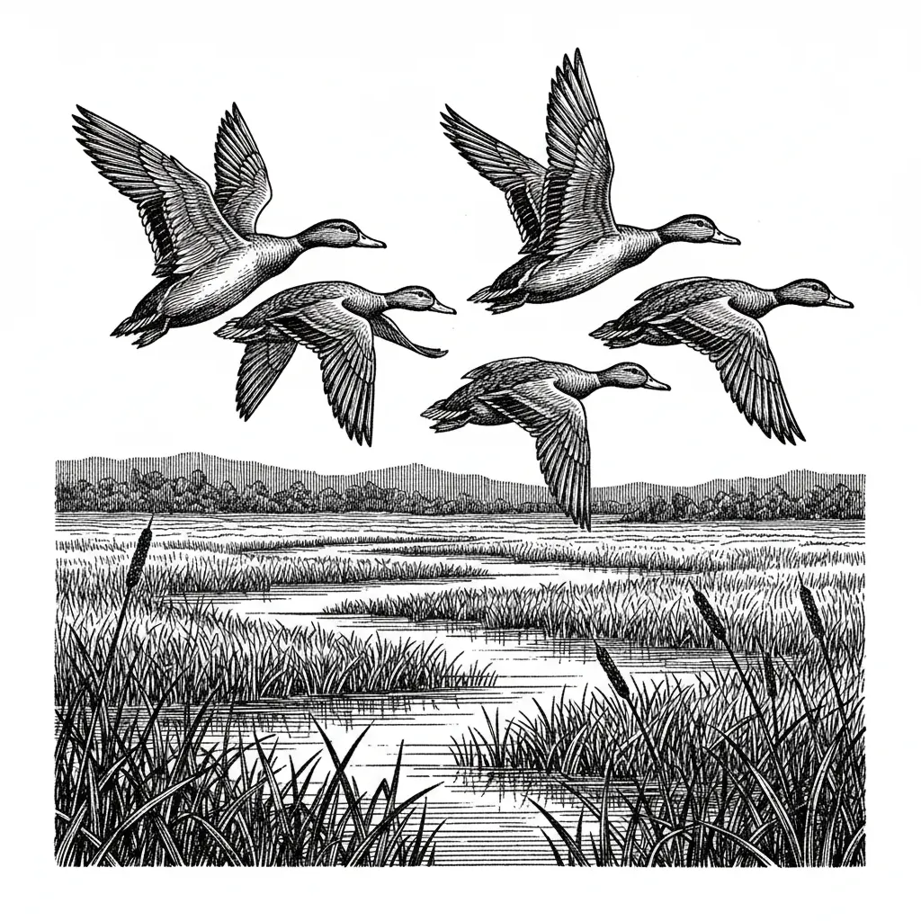 ducks flying over a marsh