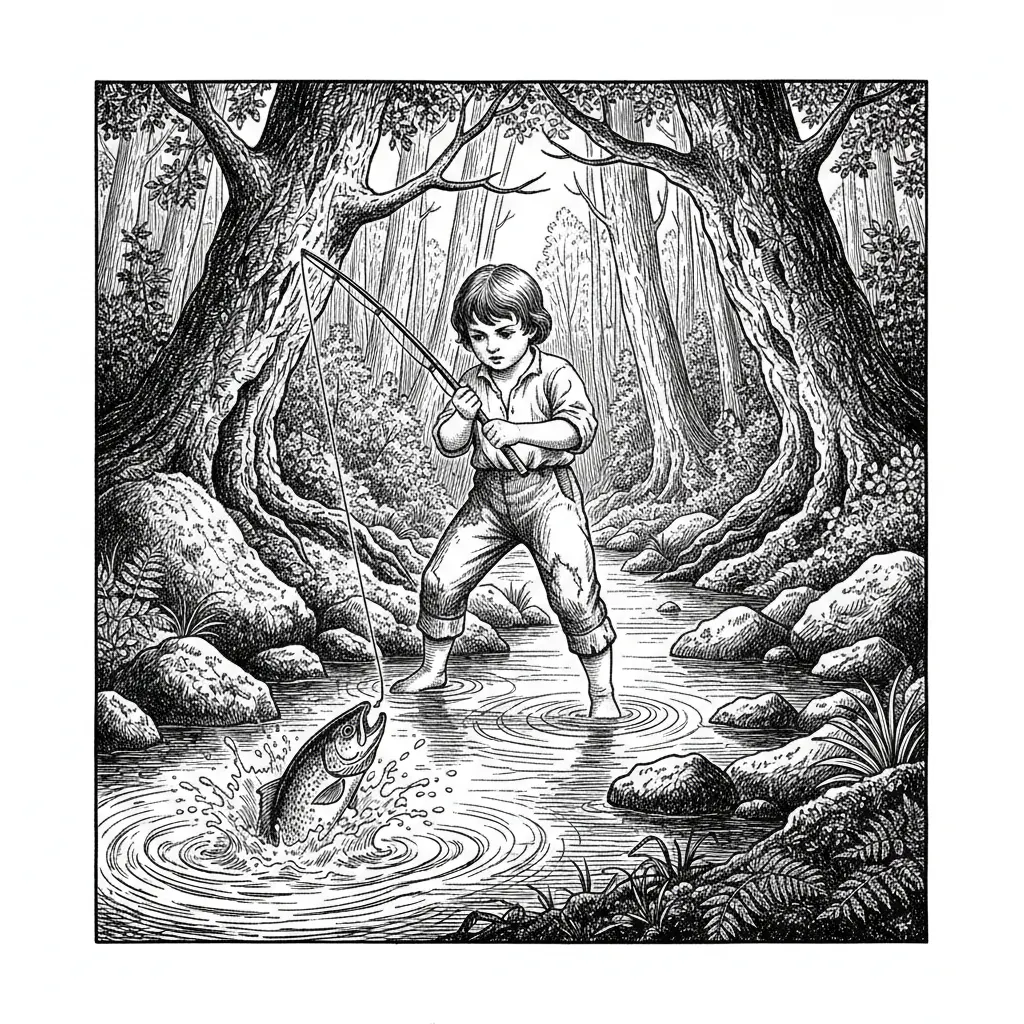 young child reeling in  fish in a forest stream