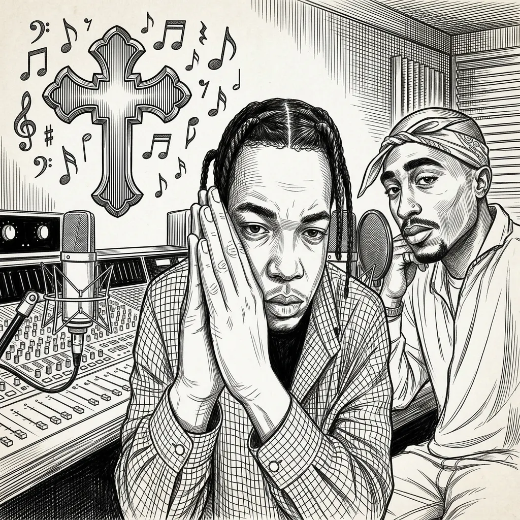 Put the person on the right in the studio with tupac (on the right) put the cross with music symbols in the top left corner of the photo on the left where there's an empty space