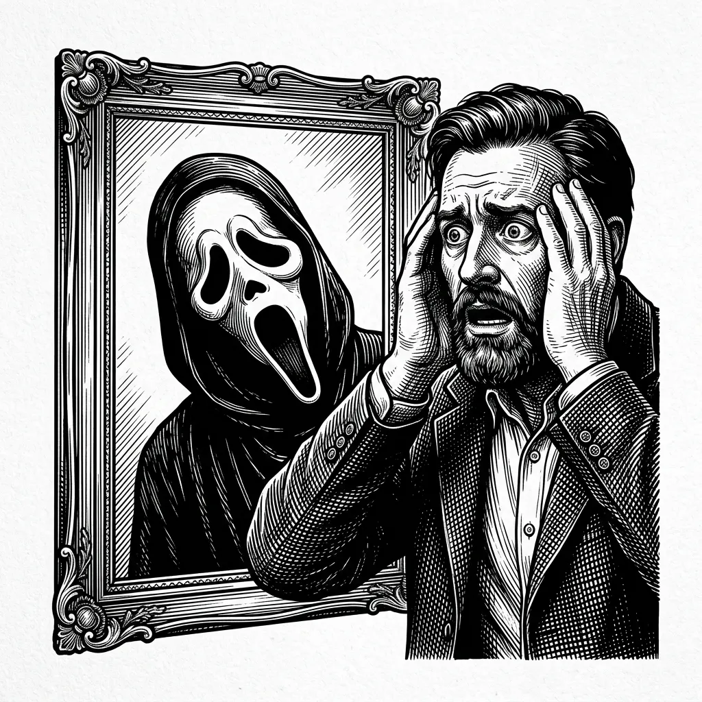 Make him looking in a mirror looking shocked with body language and ghostface from the scream movie franchise in the reflection with his head tilted as if he's questioning his reflection as well