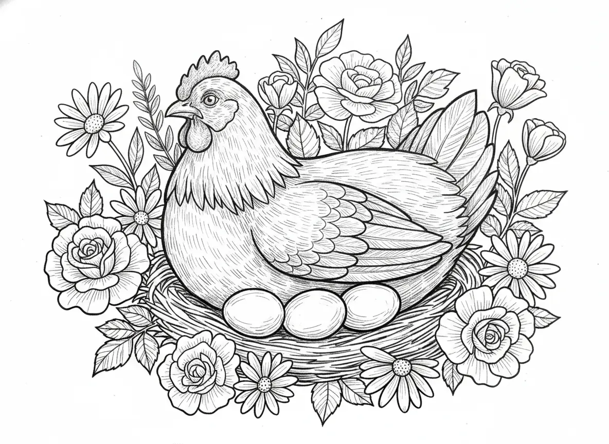 A chicken laying on eggs with some flowers around it