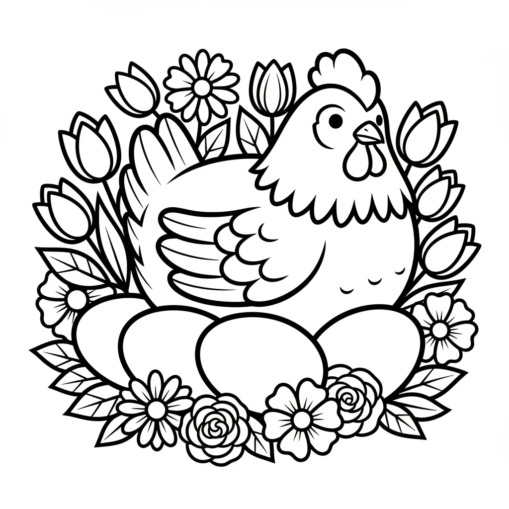 A chicken laying on eggs with some flowers around it