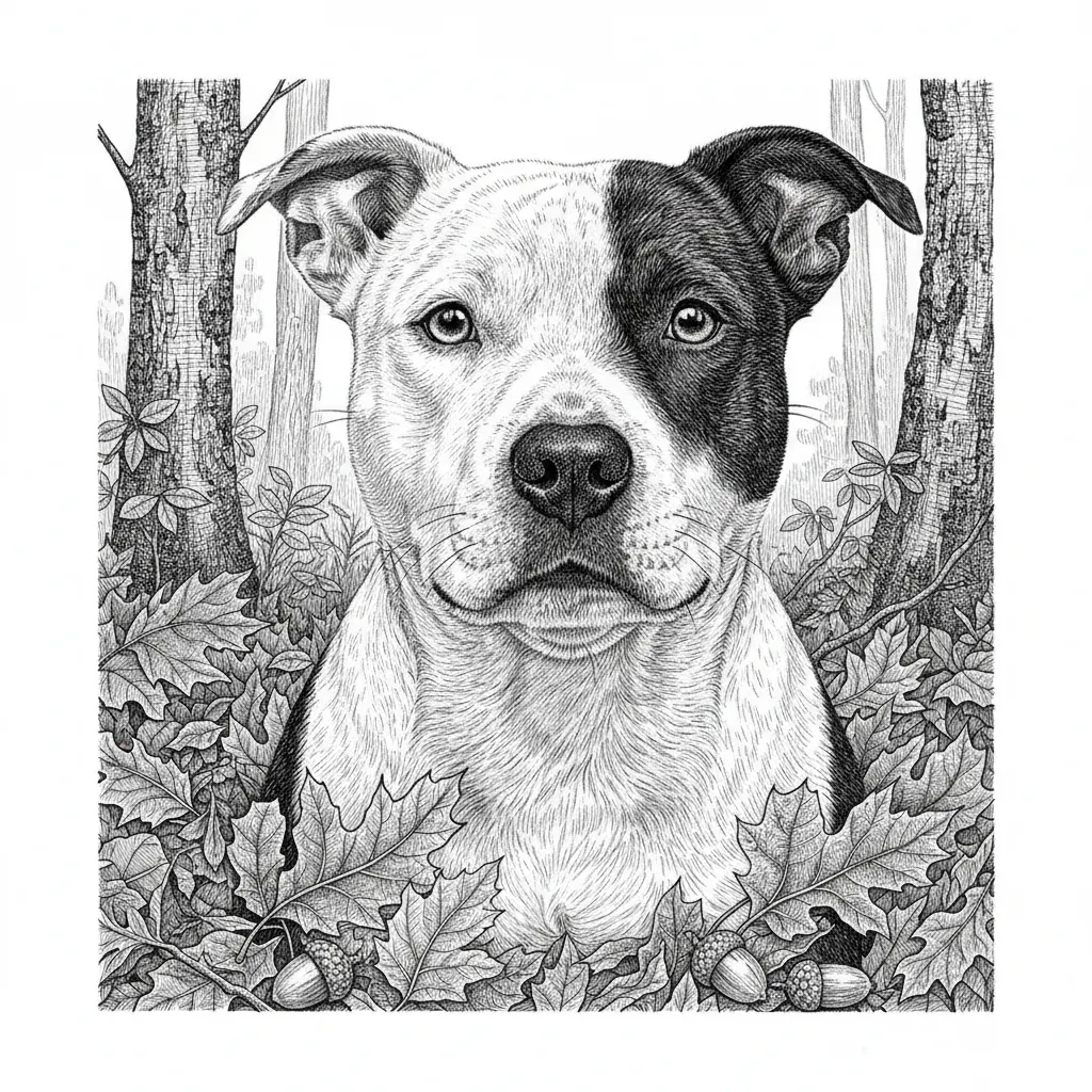 A captivating pencil portrait of a white Staffordshire bull terrier with black spots and black around right eye in an autumn setting, executed with exceptional realism on white background using graphite pencils. Render the dogs distinctive facial features with its alert, intelligent expression, floppy ears, and bright eyes showing curiosity and love. The fur should be meticulously detailed showing the characteristic white and black tones through varied gray values, white chest and throat with soft fluffy texture. Use thousands of individual pencil strokes to create realistic fur direction and layering. Position the dog among fallen autumn leaves with each leaf showing detailed vein structure, curled edges, and varied tones suggesting different stages of decay. Include acorns, twigs, and forest floor debris with authentic textures. Add background elements like tree trunks with bark detail and soft-focus woodland vegetation. The dogs whiskers should be drawn as fine, delicate lines. Use sophisticated shading to show the three-dimensional form of the animal and create separation between subject and background. This portrait should capture the dog's characteristic alertness and beauty with gallery-quality artistry.