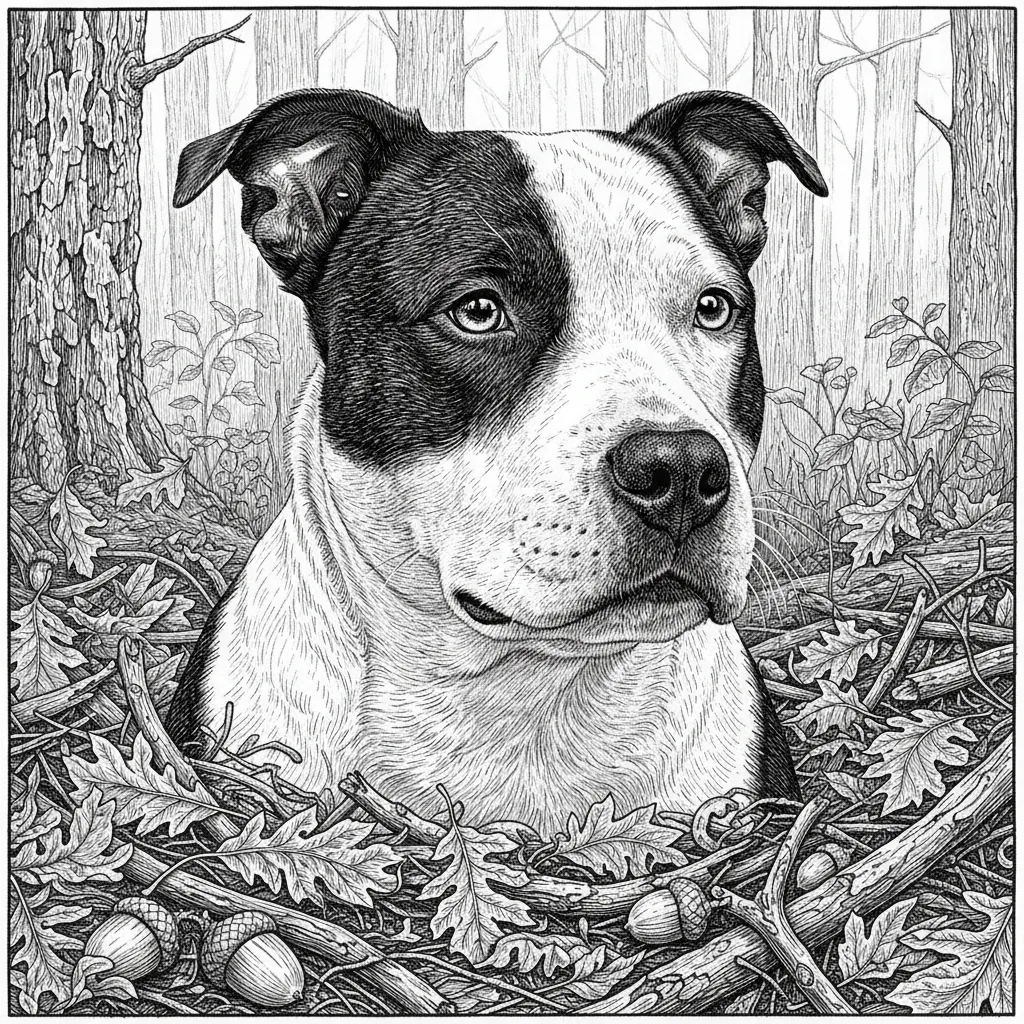 A captivating pencil portrait of a white Staffordshire bull terrier with black spots and black around right eye in an autumn setting, executed with exceptional realism on white background using graphite pencils. Render the dogs distinctive facial features with its alert, intelligent expression, floppy ears, and bright eyes showing curiosity and love. The fur should be meticulously detailed showing the characteristic white and black tones through varied gray values, white chest and throat with soft fluffy texture. Use thousands of individual pencil strokes to create realistic fur direction and layering. Position the dog among fallen autumn leaves with each leaf showing detailed vein structure, curled edges, and varied tones suggesting different stages of decay. Include acorns, twigs, and forest floor debris with authentic textures. Add background elements like tree trunks with bark detail and soft-focus woodland vegetation. The dogs whiskers should be drawn as fine, delicate lines. Use sophisticated shading to show the three-dimensional form of the animal and create separation between subject and background. This portrait should capture the dog's characteristic alertness and beauty with gallery-quality artistry.
