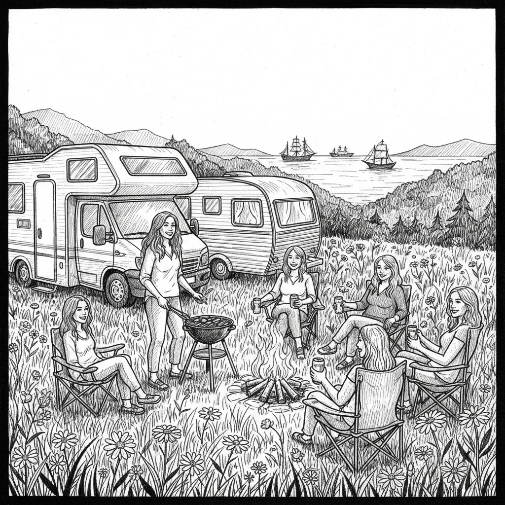 Make a realistic captivating pencil drawing of a UK modern and a UK vintage motorhome in a field on a summer's evening on a campsite overlooking the sea. Use thousands of individual pencil strokes to create realistic detailed pencil strokes to create definition texture.   Include a white woman in her 40's, with long brown hair barbequing and a group of 5 white women in their 30's and  40's sat round a campfire on camp chairs with cans of drink, all looking happy and relaxed. Add background elements like flowers and ships in the sea.  The portrait should capture the relaxed nature and happiness of the women with gallery quality artistry