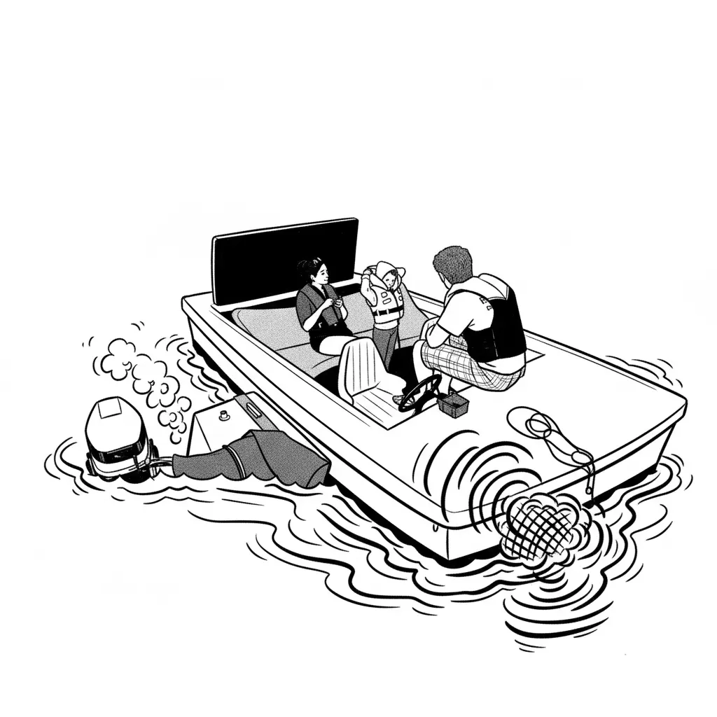 Family in boat with motorissues