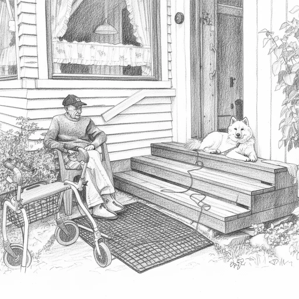Only man in chair, the patio and the dog