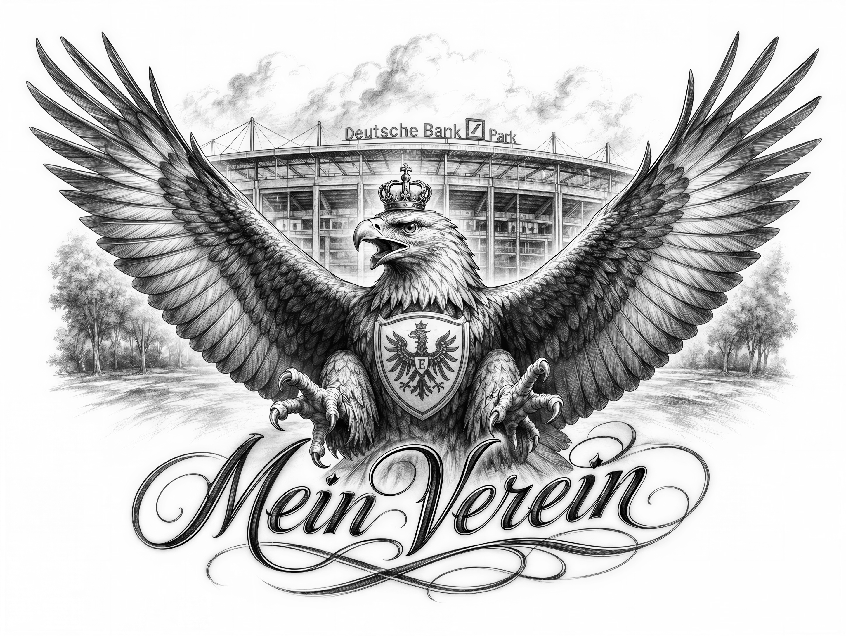 Please design a highly detailed image of the Eintracht Stadion in the background, featuring the majestic golden eagle Attila, in the Black & Grey Fine Line tattoo style. The key thing is that it looks like a real tattoo design: with fine lines, shades of black and grey, and typical tattoo shading. Below that, a beautiful inscription reading ‘Mein Verein’.