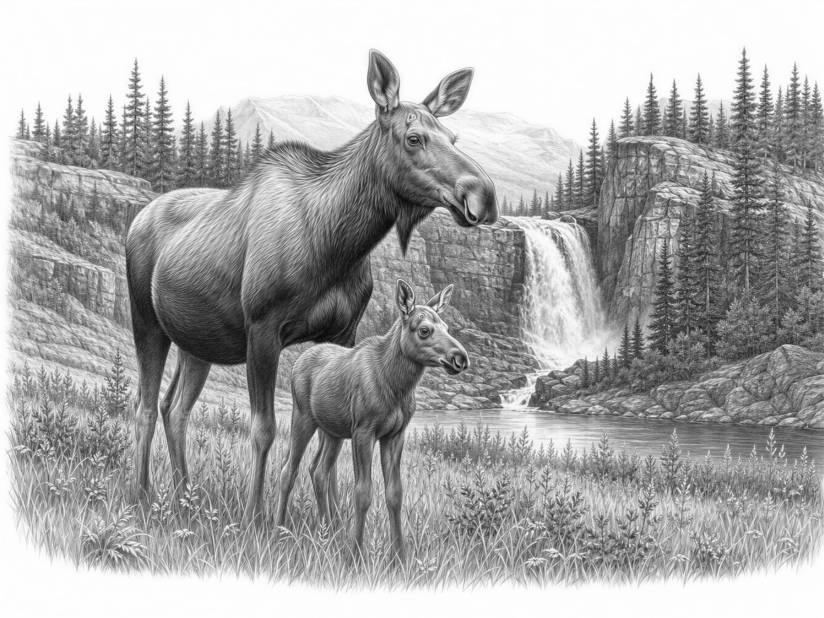 Eine Elchkuh steht mit ihrem Kalb auf einer Wiese vor Bäumen und einem Wasserfall (Landschaft wie in Kanada), 423 DPI, 4k