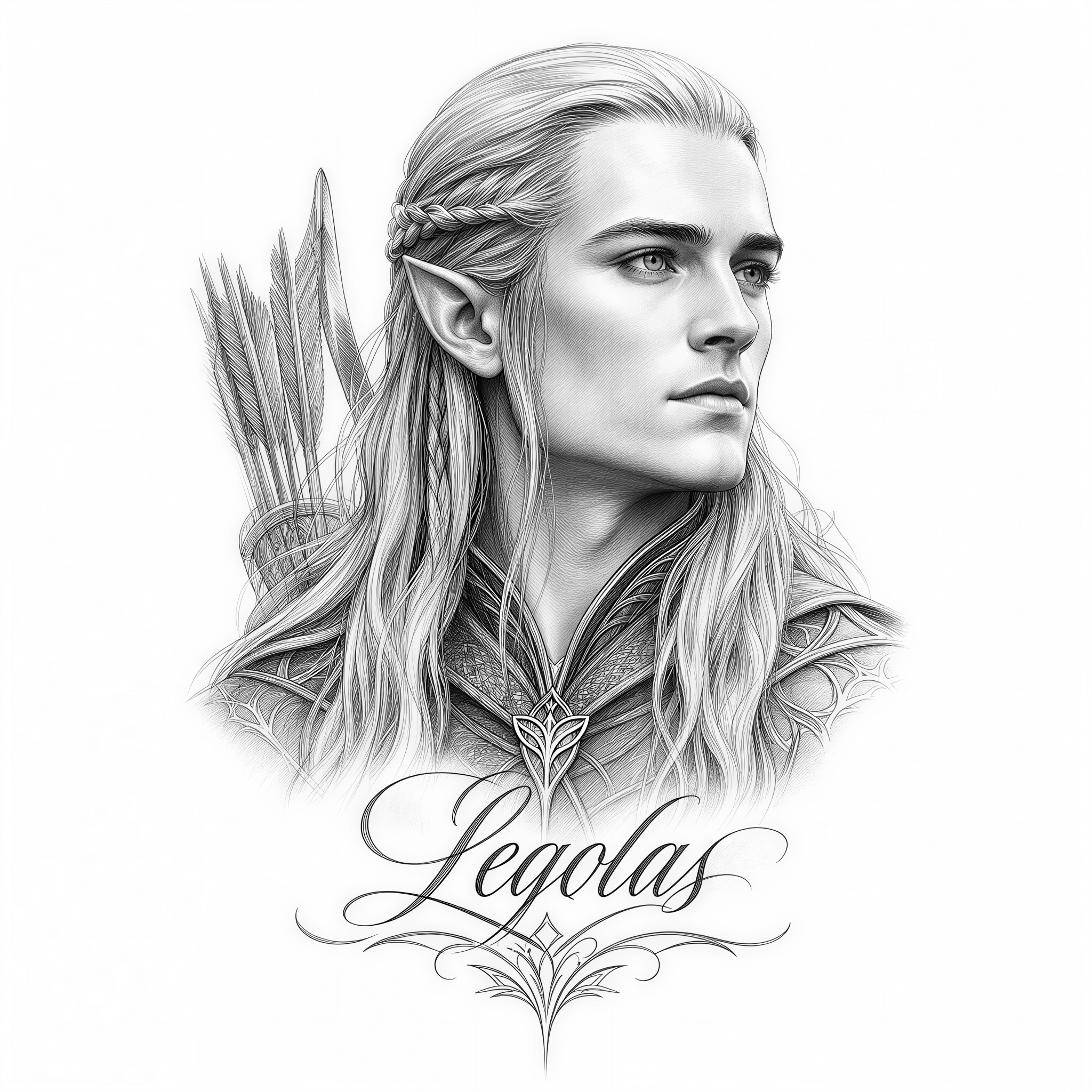 Please create a highly detailed image of "Elb Legolas" portrait in the Black & Grev Fine Line tattoo style. The key thing is that it looks like a real tattoo design: with fine lines, shades of black and grey, and typical tattoo shading. Below that, a beautiful inscription reading ‘Legolas’.