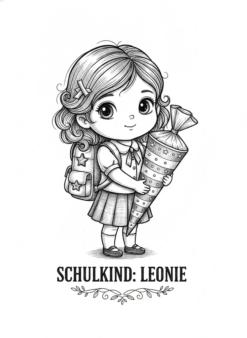 Bitte erstelle eine detaillierte, kindliche Karte zur Einschlung im Chibi-Stil mit einem Mädchen, Ranzen und Schultüte – mit zarten Graustufen-Verläufen für Tiefe und Volumen. Schulkind: Leonie