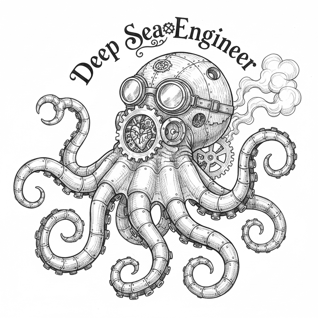 Mechanical octopus with brass gears, copper tentacles, Victorian goggles. Clockwork heart, steam pipes, industrial rivets. "Deep Sea Engineer" in vintage typography.