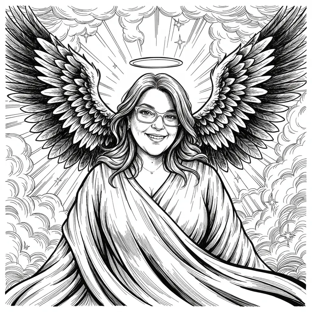 Make her a beautiful angel with a heavenly background