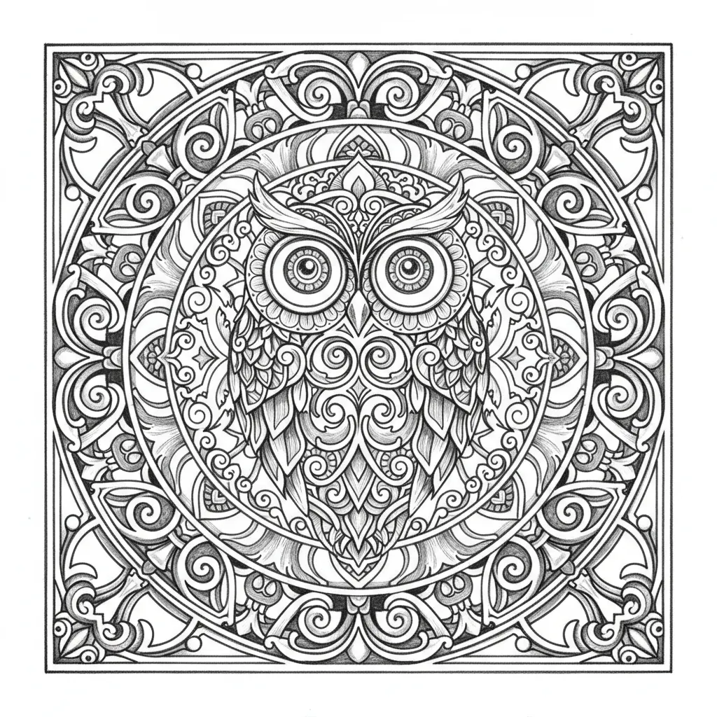 ornamentální mandala sovy s barokními prvky pro laser cut s výřezy