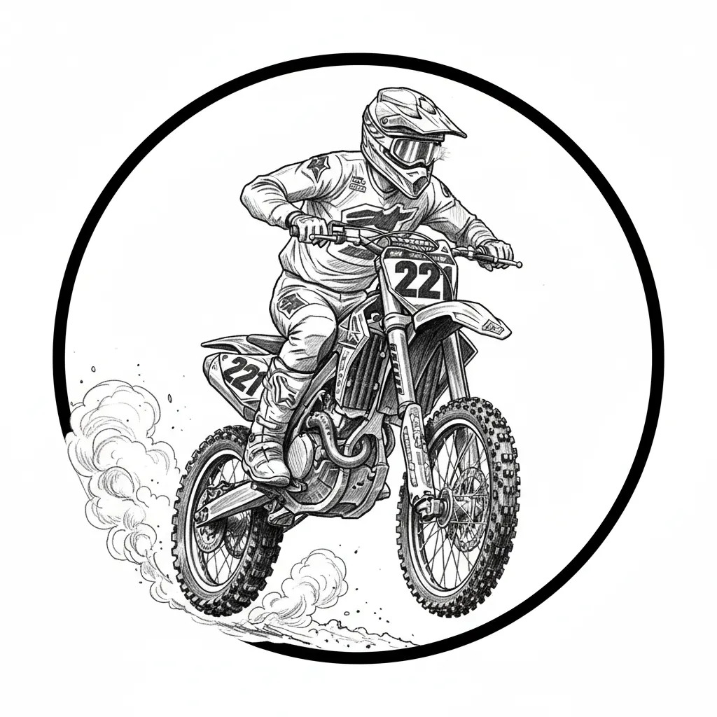 vytvoř motorkáře na motocross závodu s číslem 221, kde bude ve skoku - tvar celku bude kruh