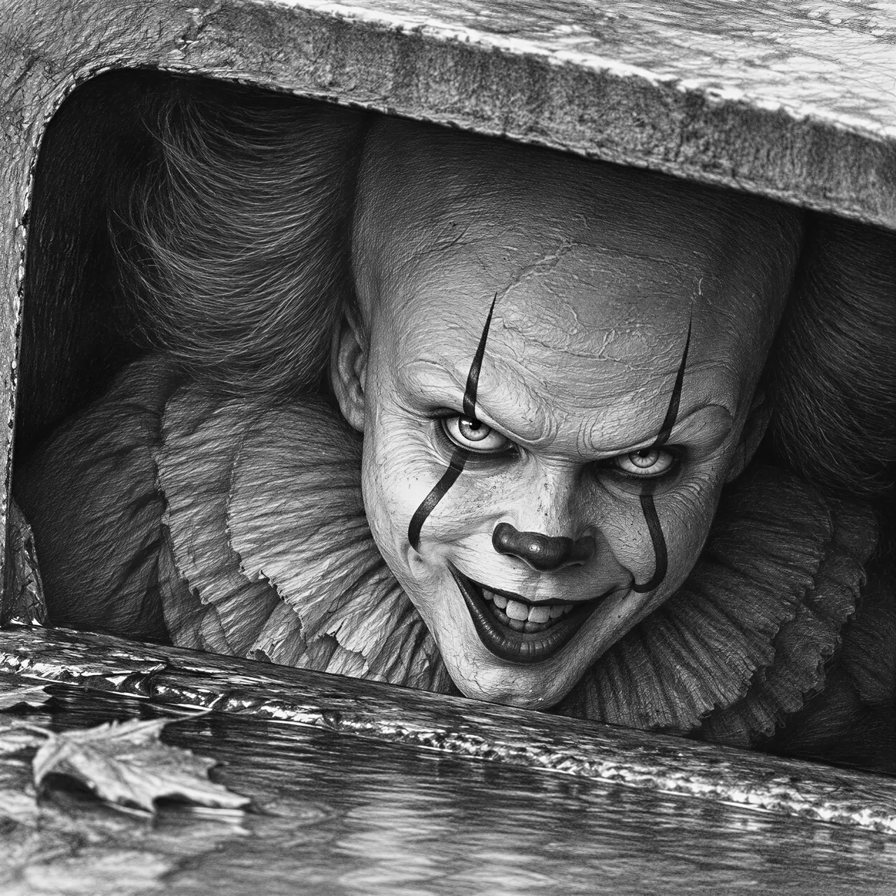 high def close up of Pennywise peeking out of the gutter