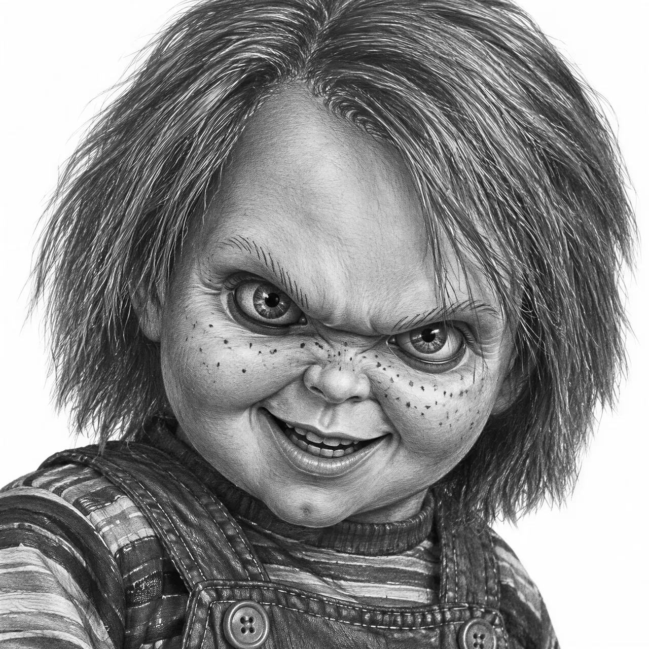 Chucky close up in high definition with sinister smile