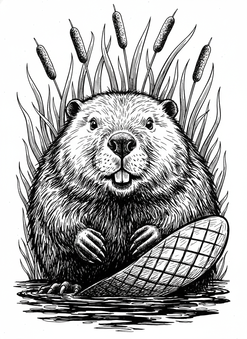 LARGE BEAVER-UP CLOSE-BESIDE WATER-CATTAIL REEDS-HIGH DEFINITION