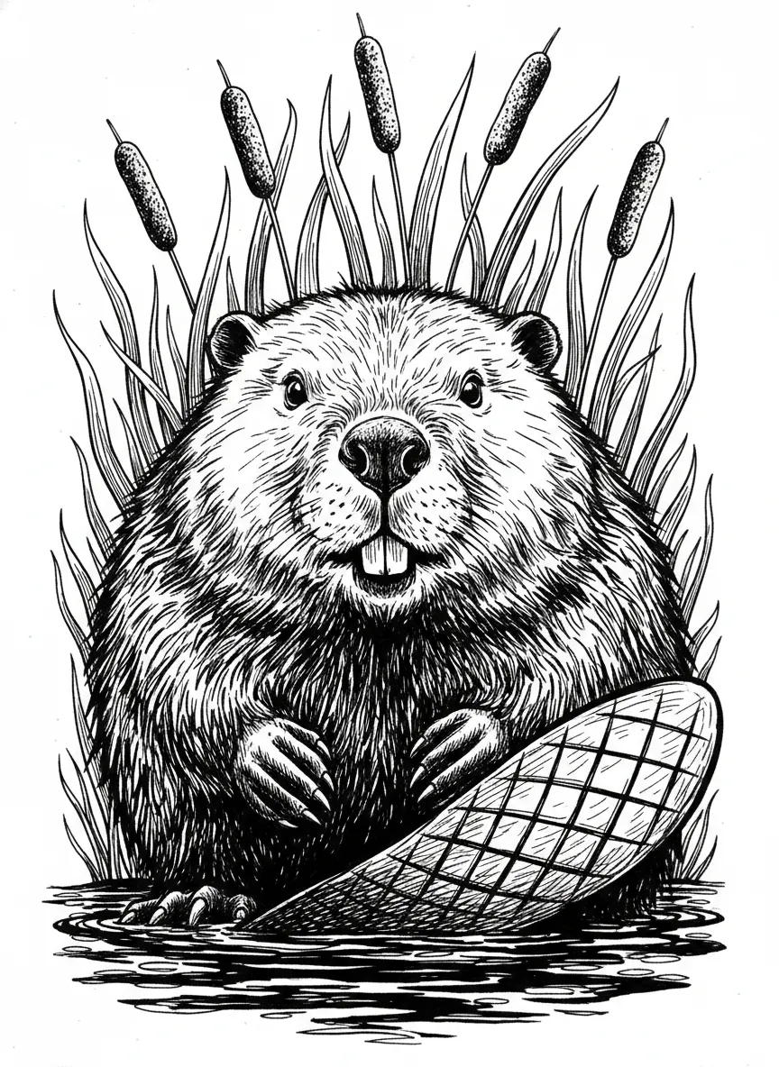 LARGE BEAVER-UP CLOSE-BESIDE WATER-CATTAIL REEDS-HIGH DEFINITION