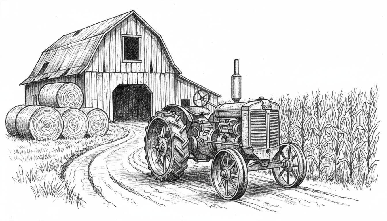 OLD TRACTOR-OLD BARN-DIRT DRIVE-ROUND HAY BALES-CORN 12-18 INCHES TALL