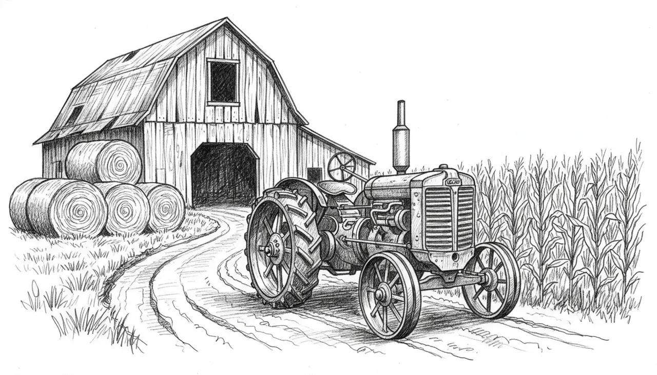 OLD TRACTOR-OLD BARN-DIRT DRIVE-ROUND HAY BALES-CORN 12-18 INCHES TALL