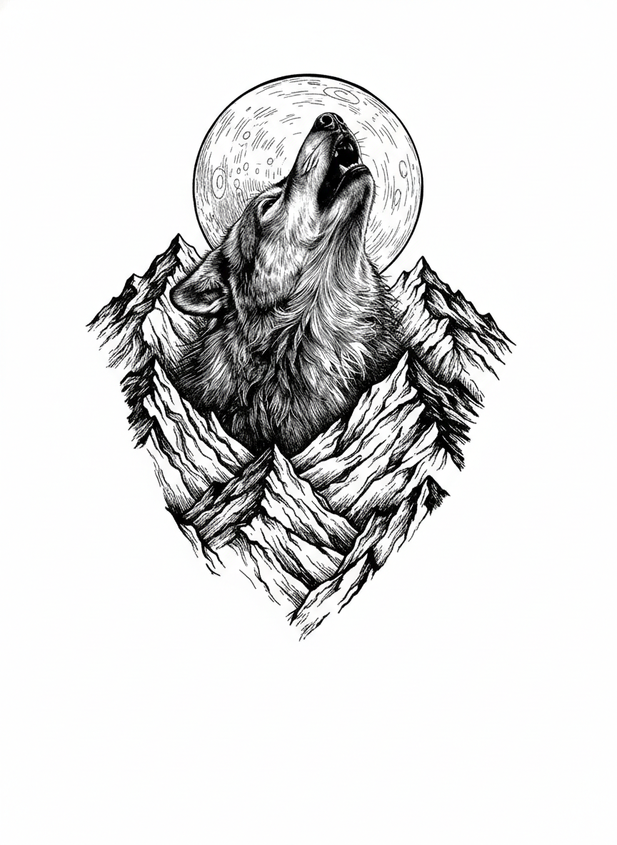 PLEASE ADD A MOUNTAINOUS BACKGROUND IN SHARP DETAIL AND A FULL MOON