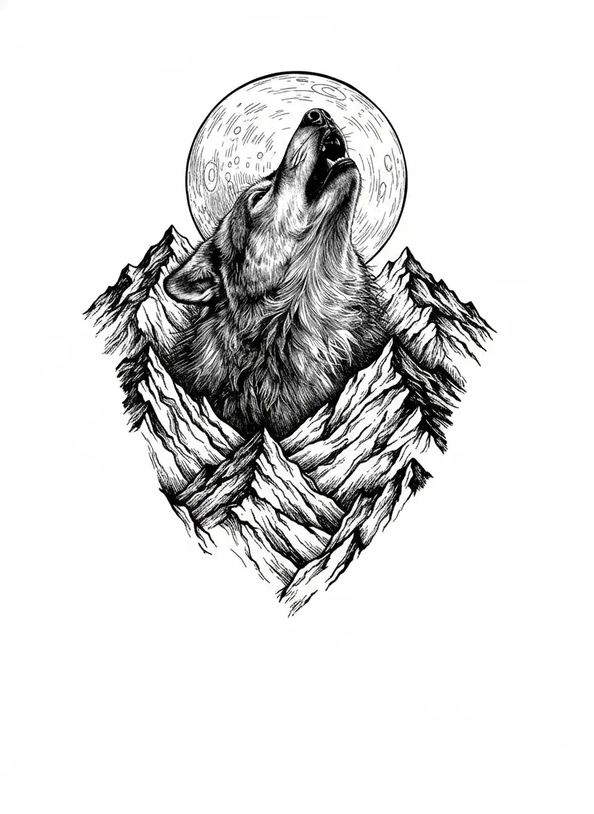 PLEASE ADD A MOUNTAINOUS BACKGROUND IN SHARP DETAIL AND A FULL MOON