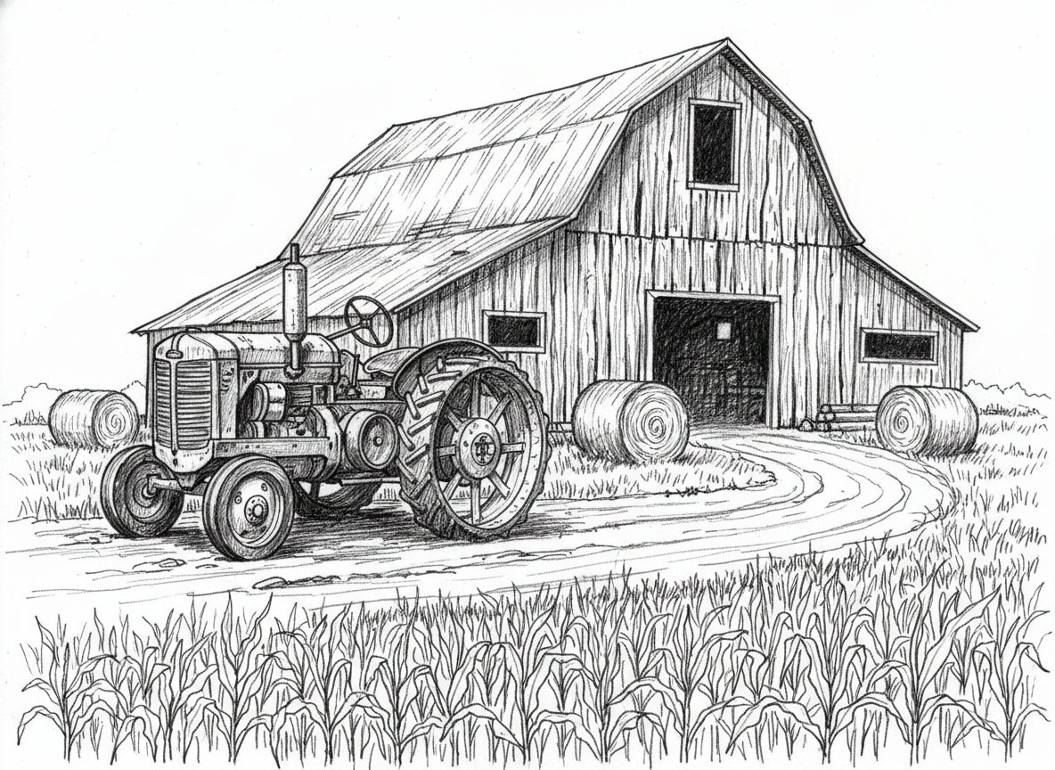 OLD TRACTOR-OLD BARN-DIRT DRIVE-ROUND HAY BALES-CORN 12-18 INCHES TALL