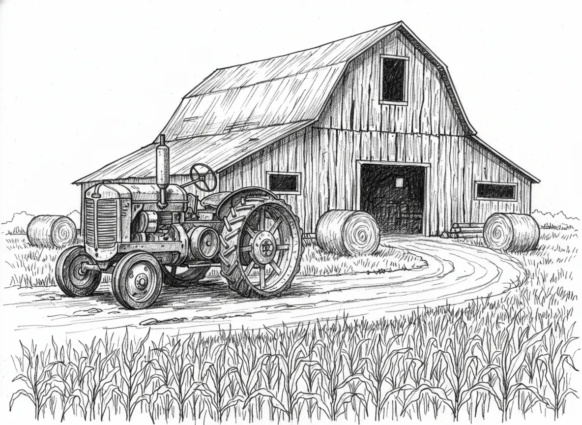 OLD TRACTOR-OLD BARN-DIRT DRIVE-ROUND HAY BALES-CORN 12-18 INCHES TALL