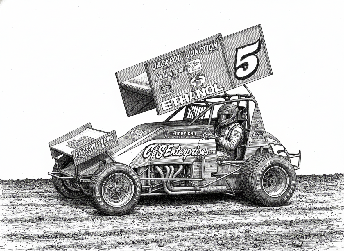 Create a high-contrast black and white 3D bas-relief image of THIS SPRIINT CAR, ADDING THE PARTS OF THE CAR CUT OFF ON THE RIGHT AND LEFT SIDE OF THE FRAME, sculpted, HIGH RESOLUTION, intricate details, cinematic lighting, 8k resolution, DIRT RACE TRACK AND white background, suitable for laser engraving