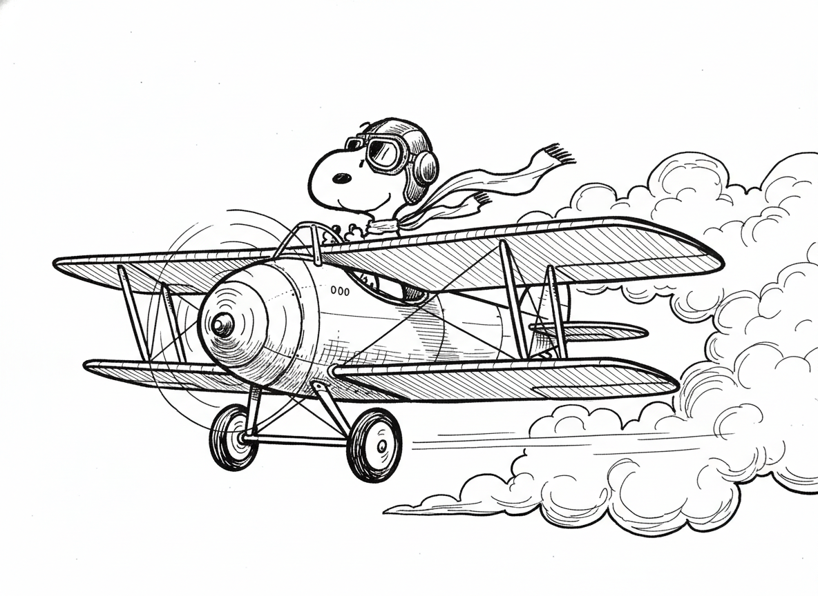 SNOOPY FLYING HIS SOPWITH CAMEL WEARINGS HIS LEATHER PILOT HELMUT, GOGGLES AND SCARF