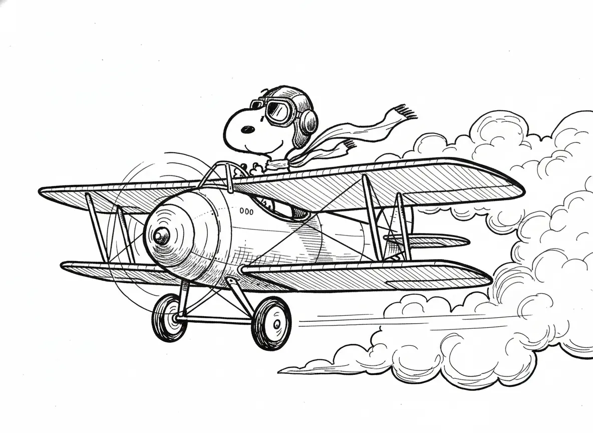 SNOOPY FLYING HIS SOPWITH CAMEL WEARINGS HIS LEATHER PILOT HELMUT, GOGGLES AND SCARF