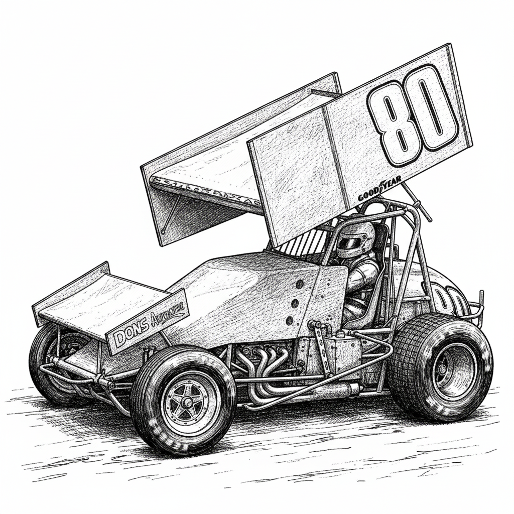 Create a high-contrast black and white 3D bas-relief image of THIS SPRINT CAR, sculpted, HIGH RESOLUTION, intricate details, cinematic lighting, 8k resolution, ,DIRT RACE TRACK AND white background, suitable for laser engraving