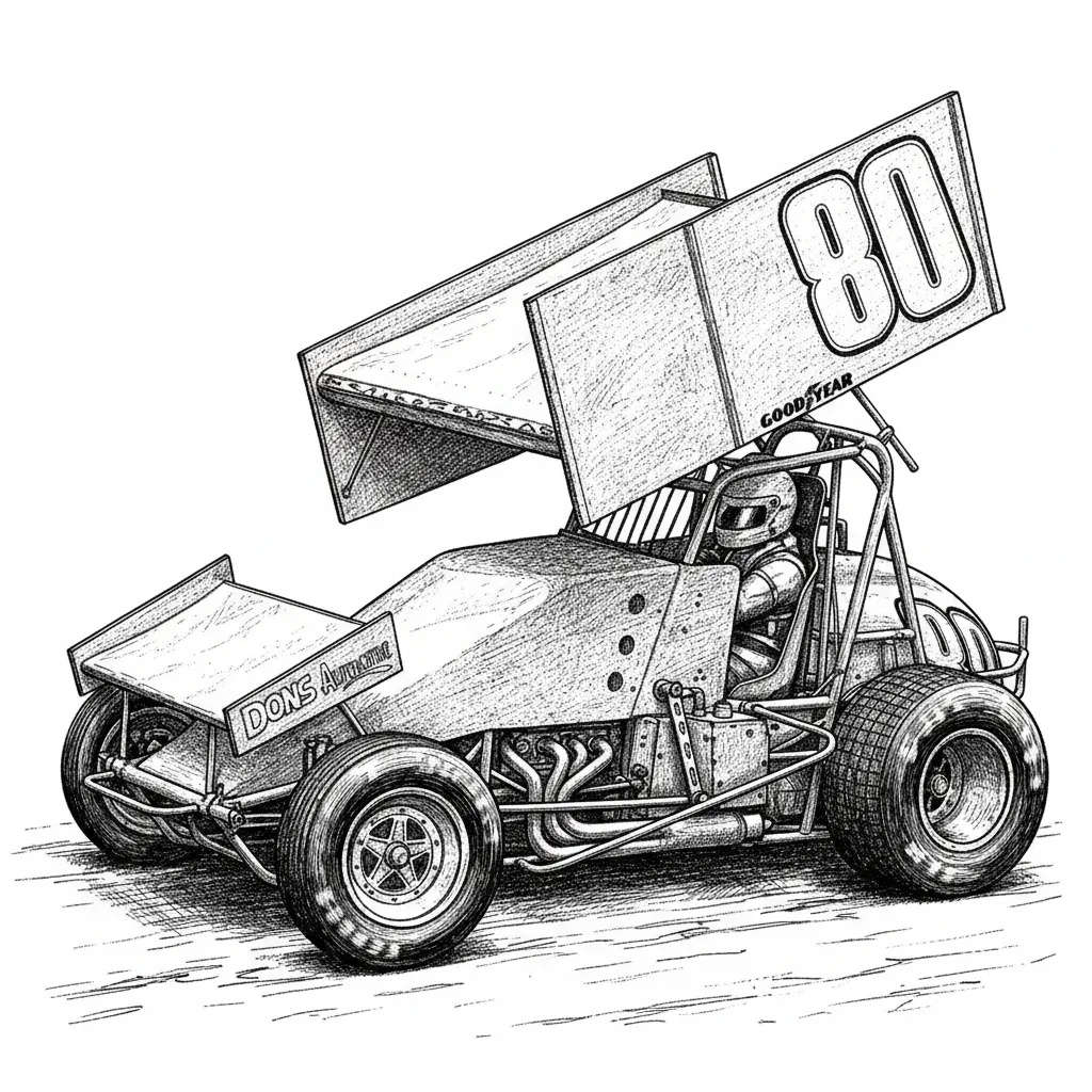 Create a high-contrast black and white 3D bas-relief image of THIS SPRINT CAR, sculpted, HIGH RESOLUTION, intricate details, cinematic lighting, 8k resolution, ,DIRT RACE TRACK AND white background, suitable for laser engraving