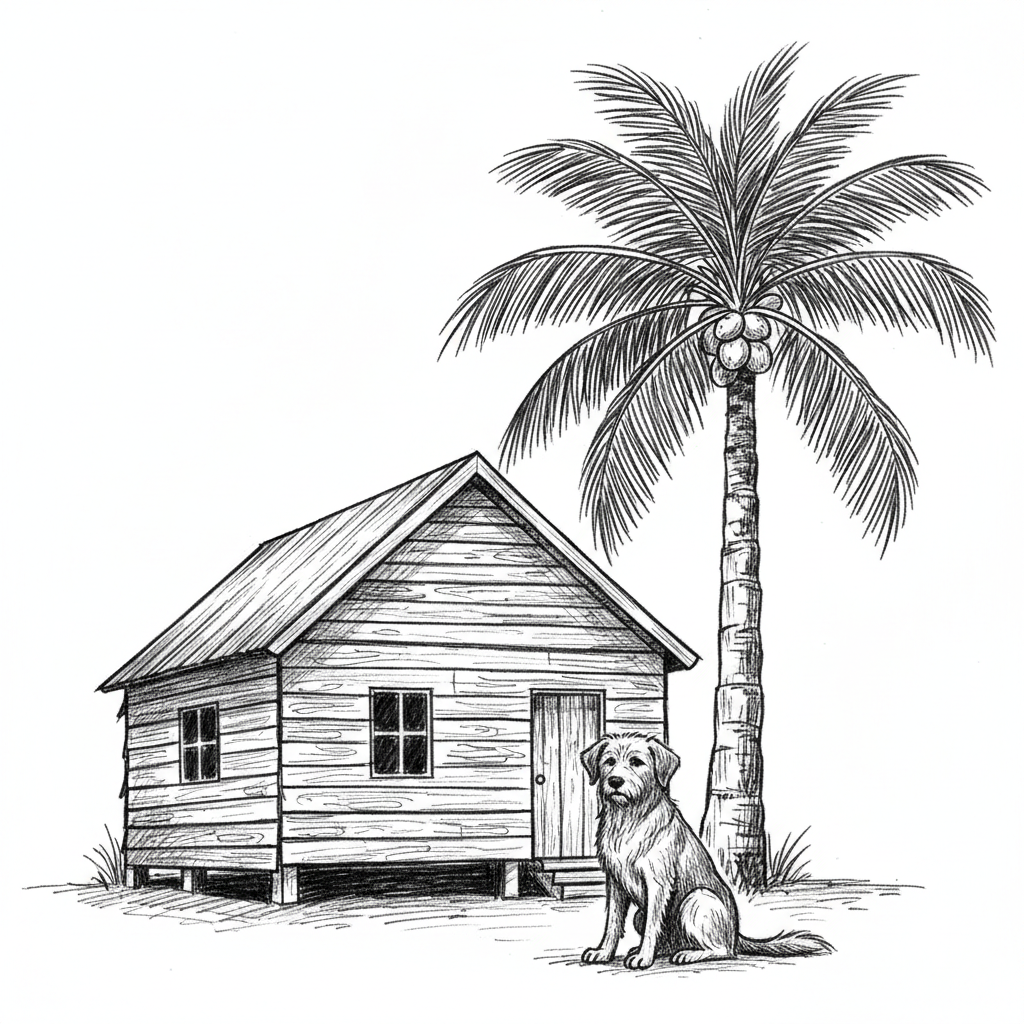 create old wooden house, coconut tree and dog