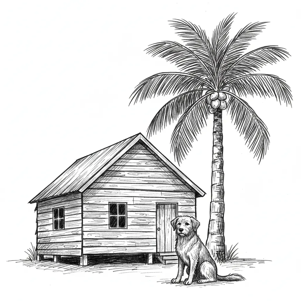 create old wooden house, coconut tree and dog
