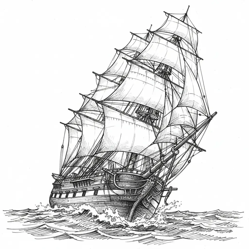 Create a image of a three masted tall ship sailing in a rear view healed to the port side.