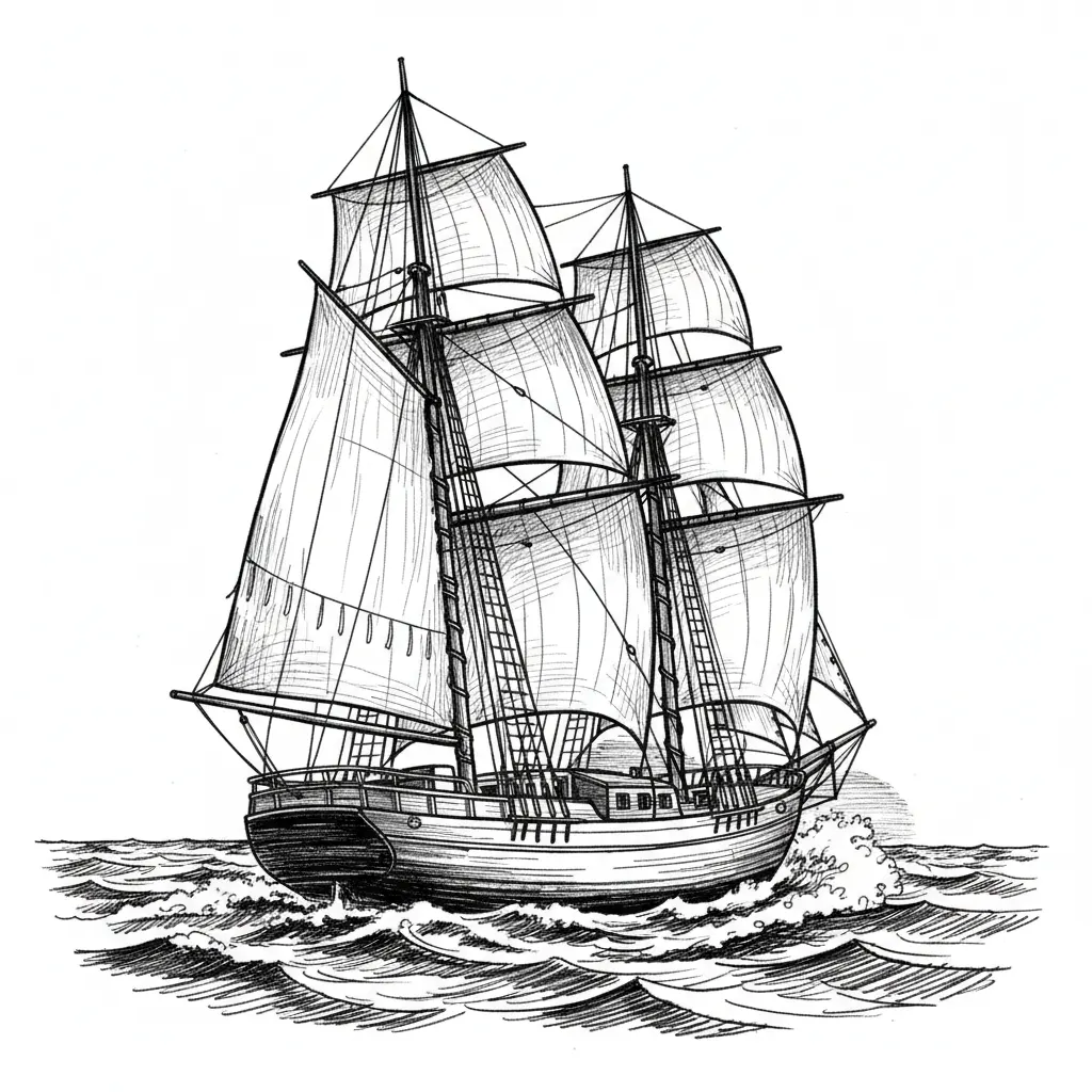 create a image of a schooner sailing away at a 3/4 rear view