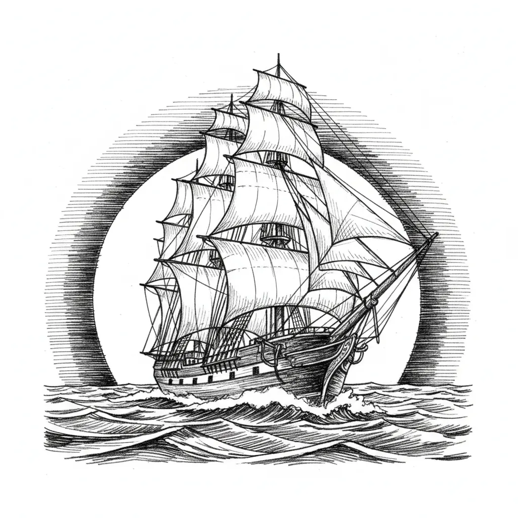 create a image of a three masted tall ship sailing into a sunset at a 3/4 view