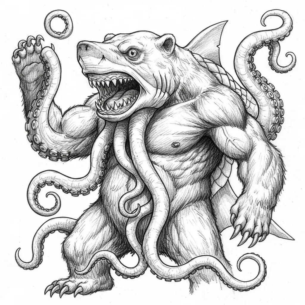 combine the traits of a octopus, bear, and shark.