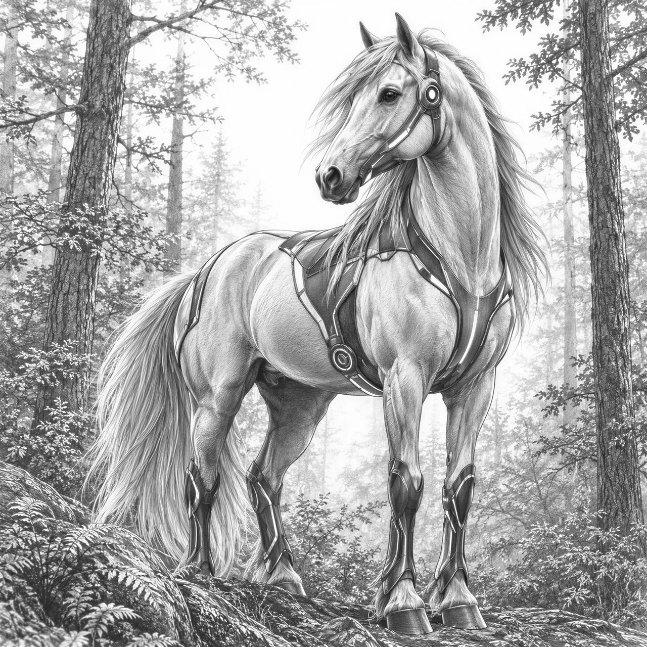 Generate an image of a horse in a forest setting. Make the horse look a bit futuristic.