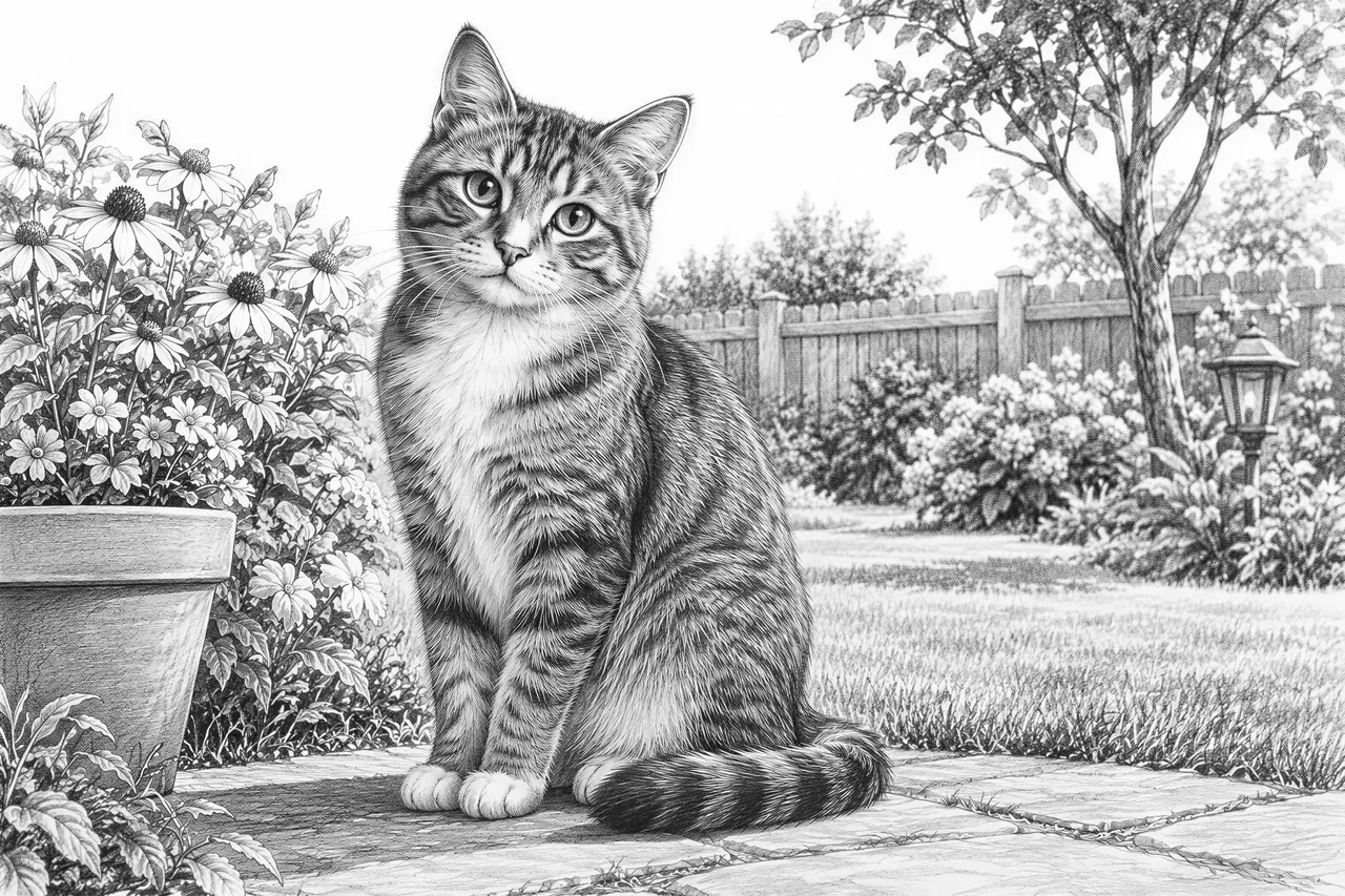Generate a cat. Include a garden scene in the background. The - Free ...